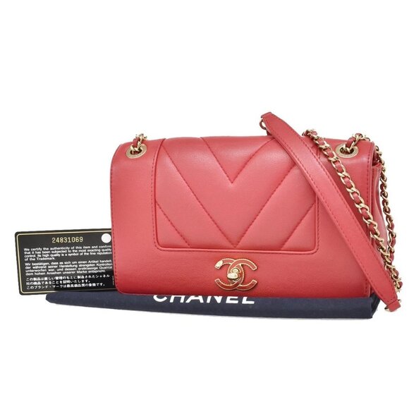 CHANEL CC Mademoiselle V-Stich Double Flap Chain Shoulder Bag Red Italy 805RL358 - Picture 1 of 15